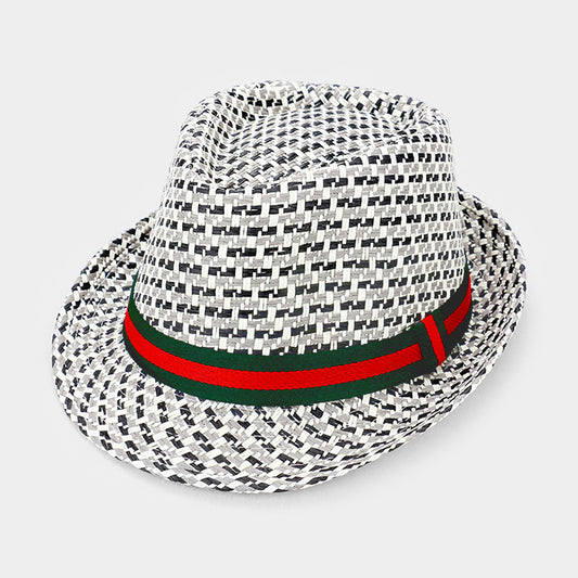 HATEGORY Grosgrain Ribbon Trim Plaid Check Straw Fedora Hat