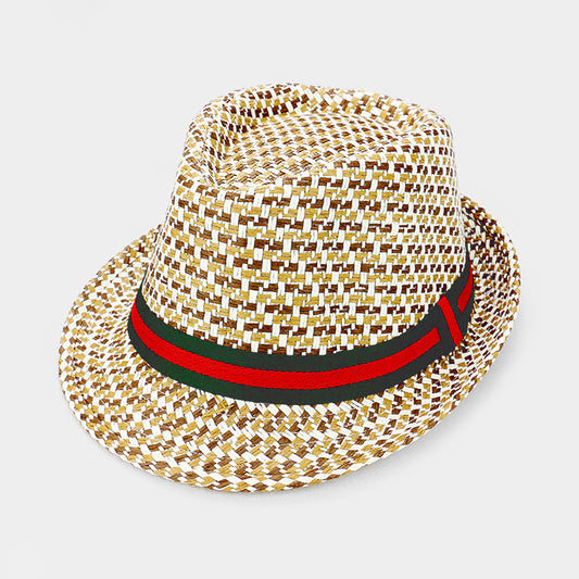 HATEGORY Grosgrain Ribbon Trim Plaid Check Straw Fedora Hat