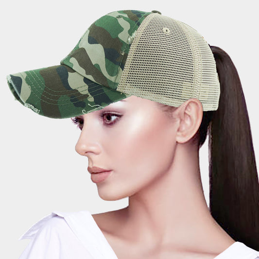 HATEGORY Vintage Camouflage Mesh Back Ponytail Baseball Cap