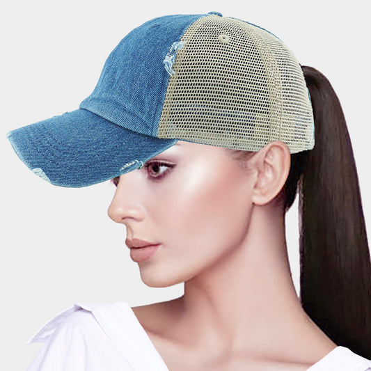 HATEGORY Vintage Denim Mesh Back Ponytail Baseball Cap
