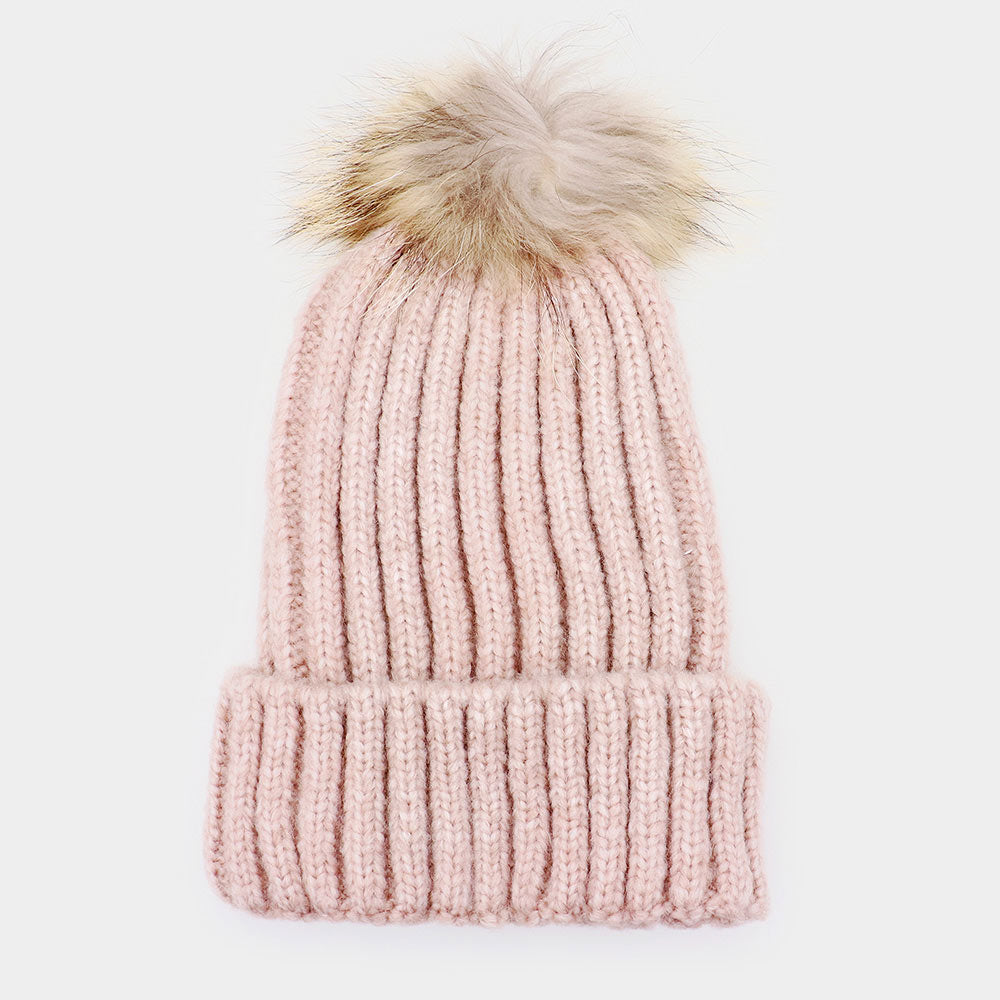 HATEGORY Raccoon Fur Pom Pom Beanie Hat