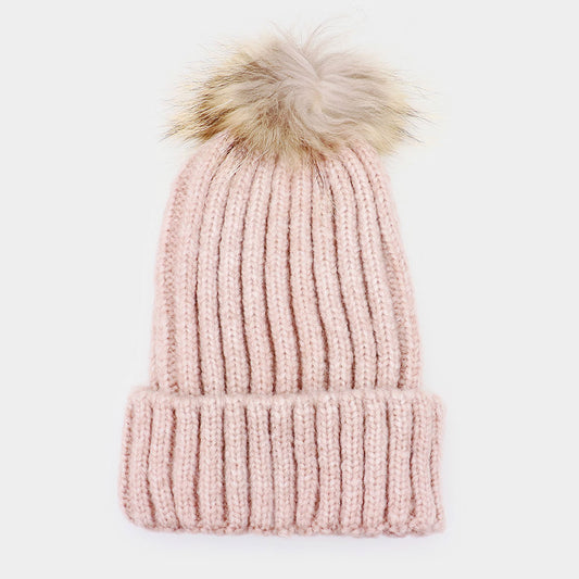 HATEGORY Raccoon Fur Pom Pom Beanie Hat