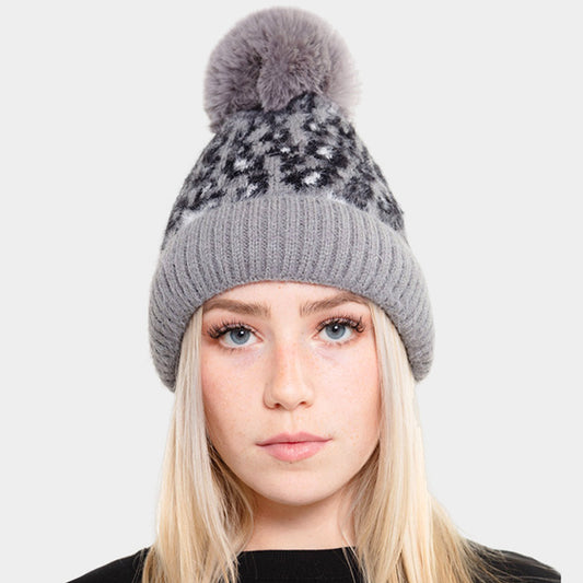 HATEGORY Leopard Patterned Fuzzy Fleece Pom Pom Beanie Hat