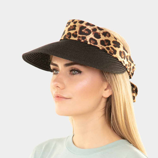 HATEGORY Leopard Bow Straw Visor Hat