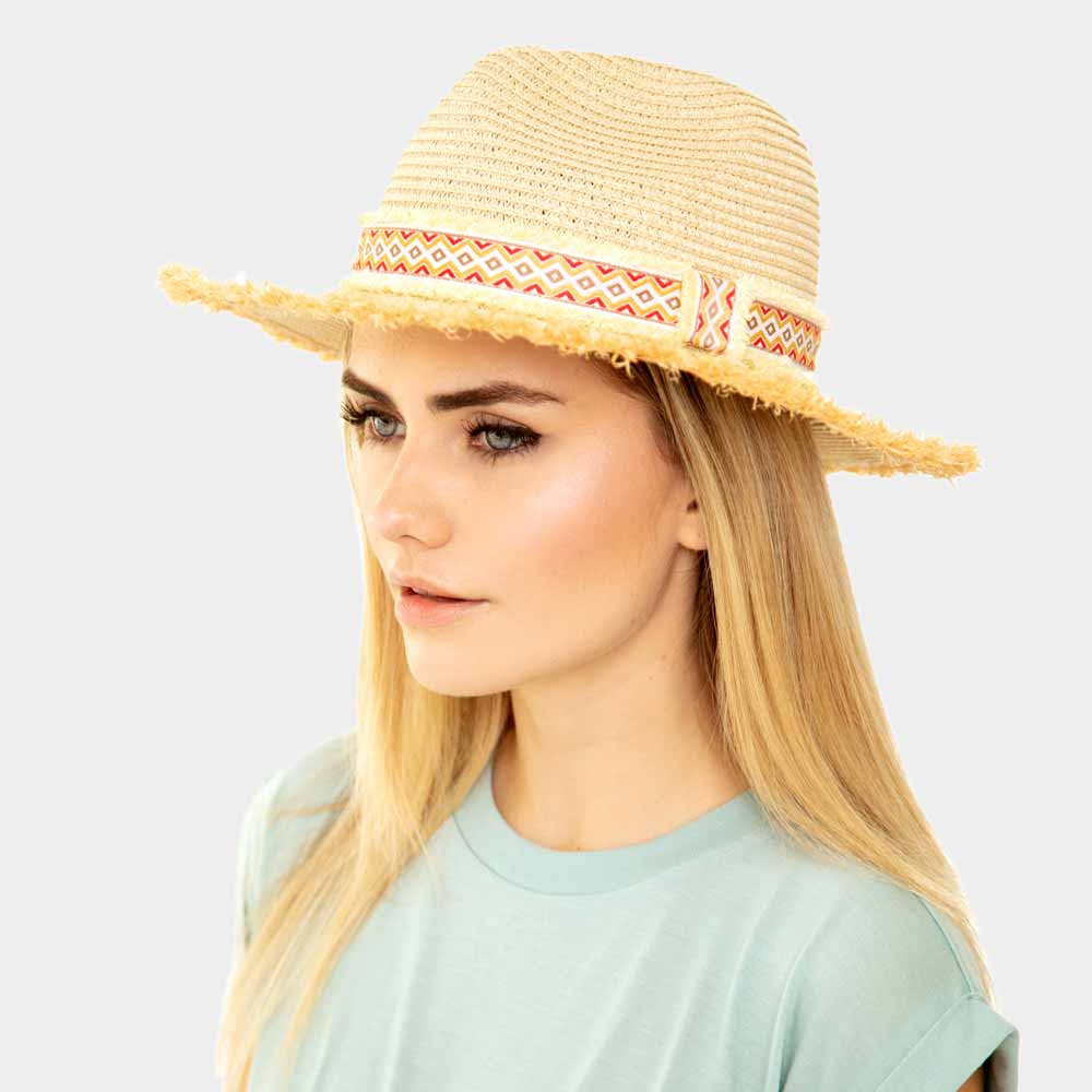 HATEGORY Frayed Trim Aztec Straw Hat