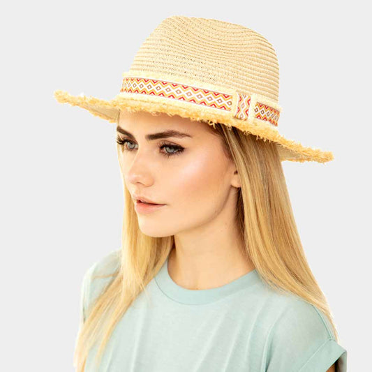 HATEGORY Frayed Trim Aztec Straw Hat