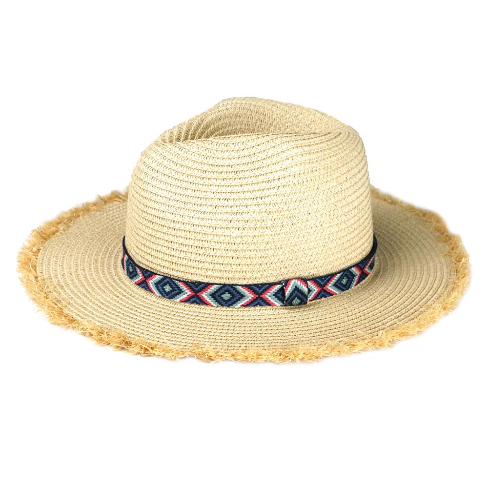 HATEGORY Frayed Trim Aztec Straw Hat