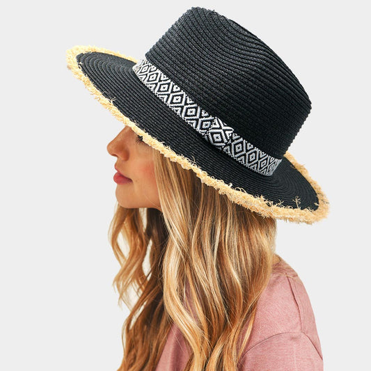 HATEGORY Frayed Trim Aztec Straw Hat