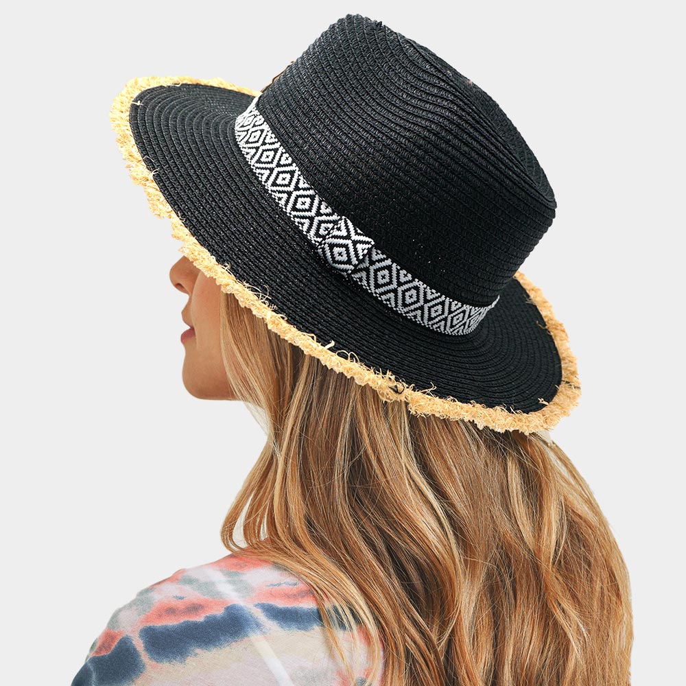 HATEGORY Frayed Trim Aztec Straw Hat