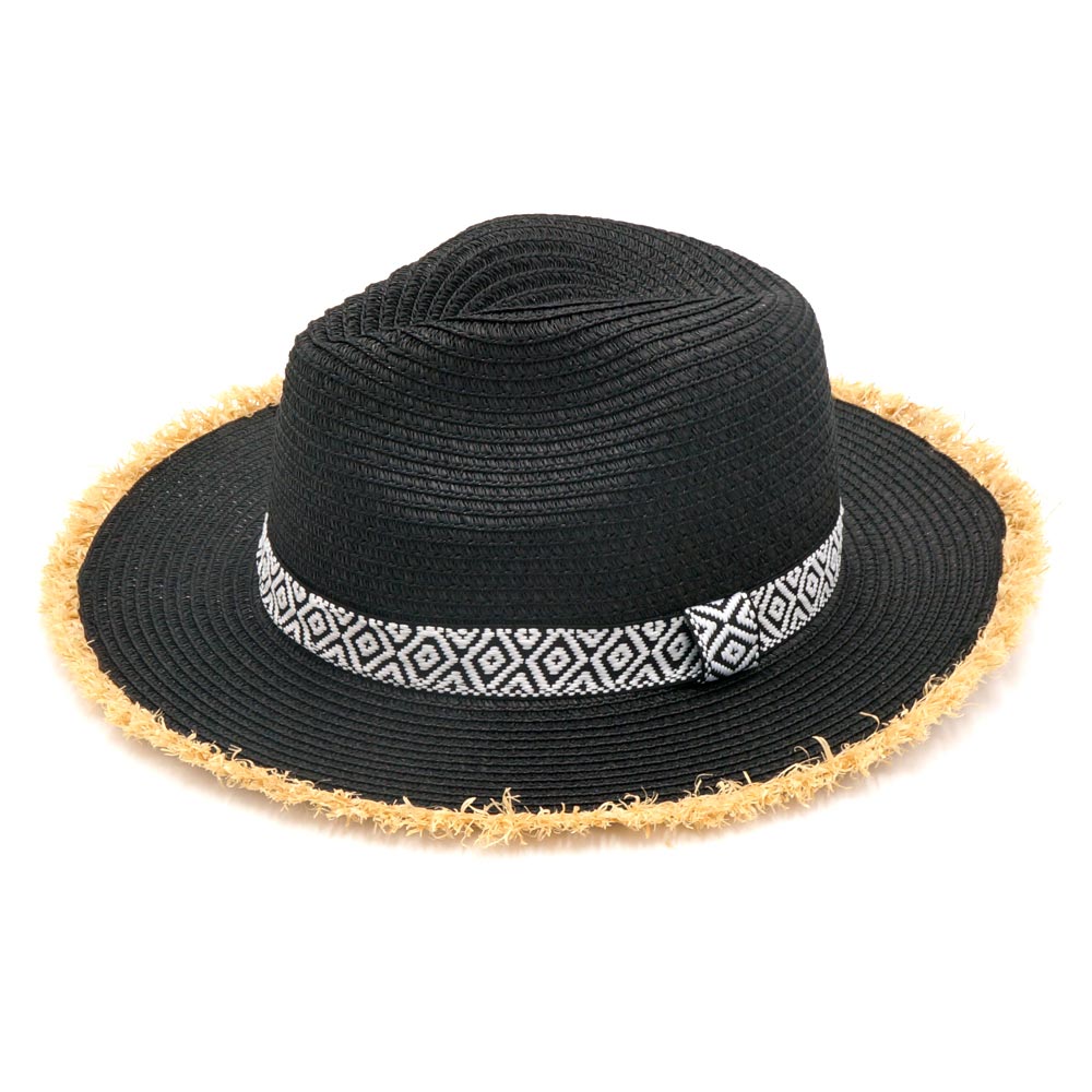 HATEGORY Frayed Trim Aztec Straw Hat