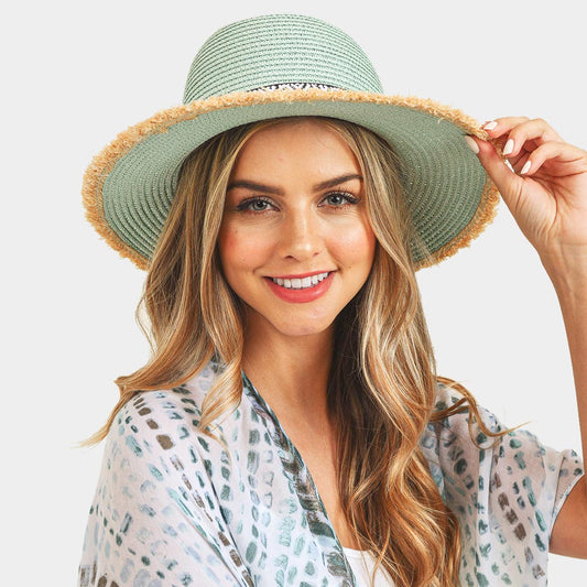 HATEGORY Frayed Trim Aztec Straw Hat