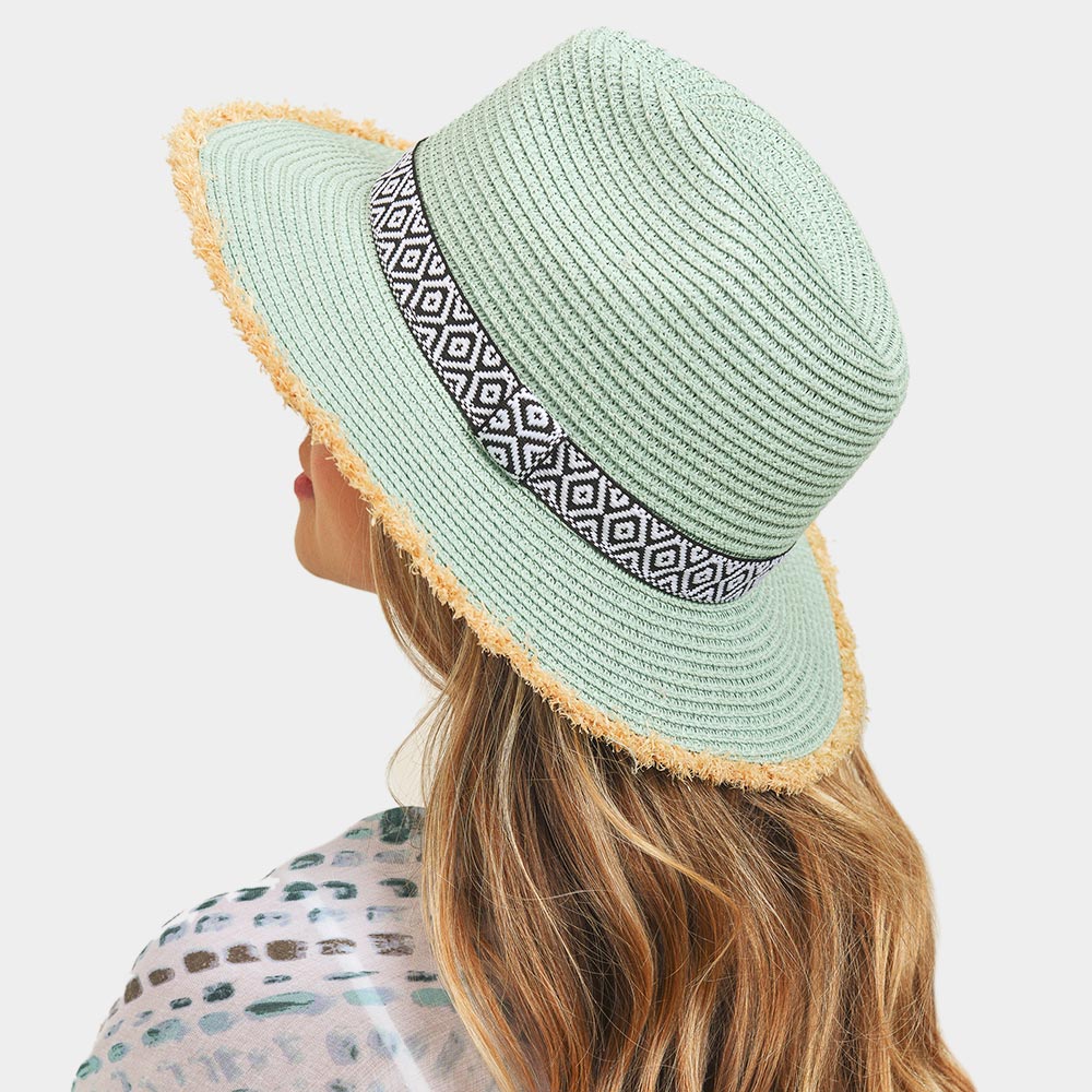 HATEGORY Frayed Trim Aztec Straw Hat