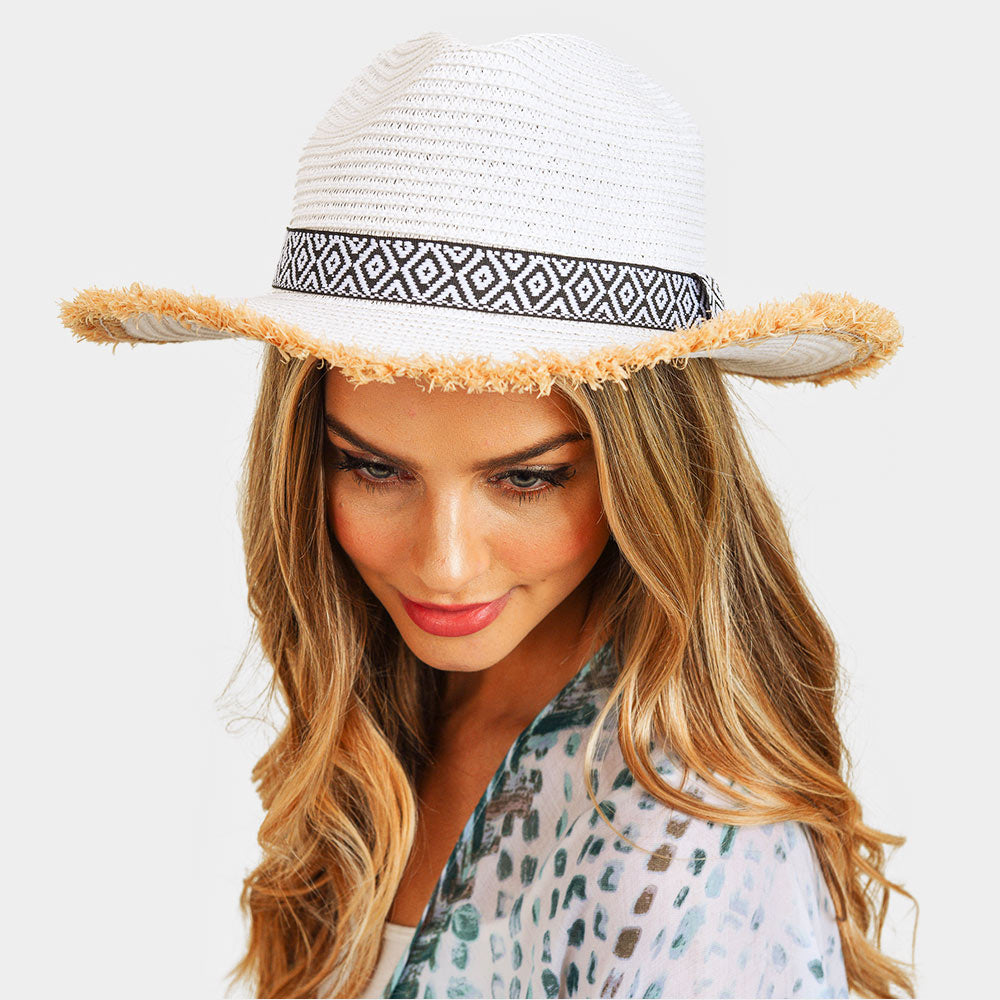 HATEGORY Frayed Trim Aztec Straw Hat