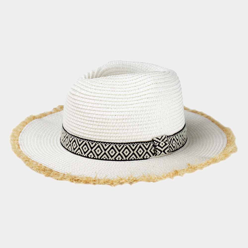 HATEGORY Frayed Trim Aztec Straw Hat