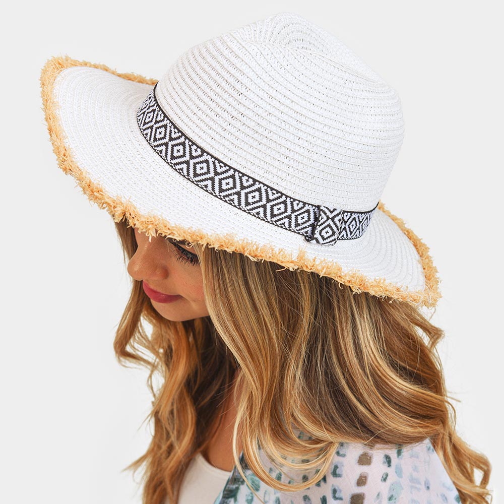 HATEGORY Frayed Trim Aztec Straw Hat