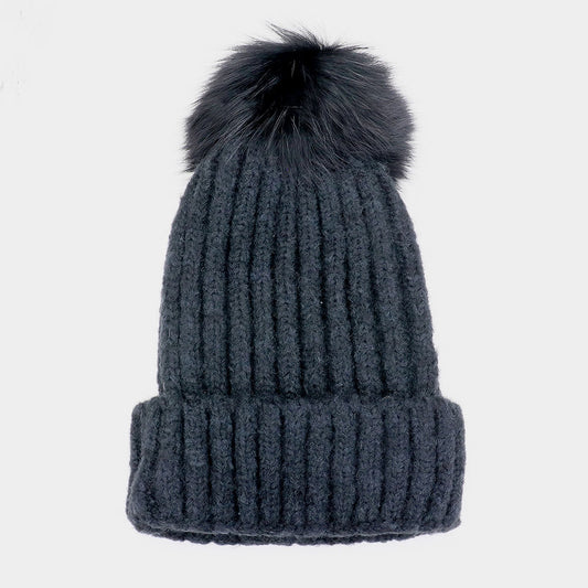 HATEGORY Fox Fur Pom Pom Beanie Hat