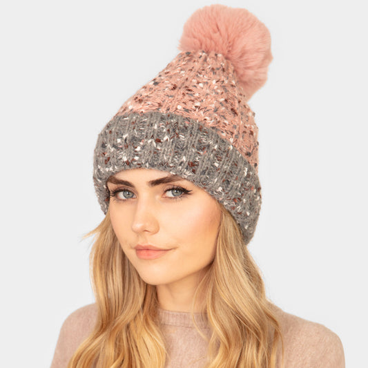 HATEGORY Two Tone Confetti Fleece Pom Pom Beanie Hat