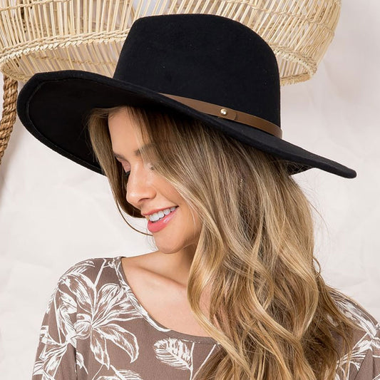 HATEGORY Faux Leather Band Trimmed Felt Panama Hat