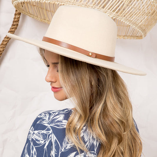 HATEGORY Faux Leather Band Trimmed Felt Panama Hat