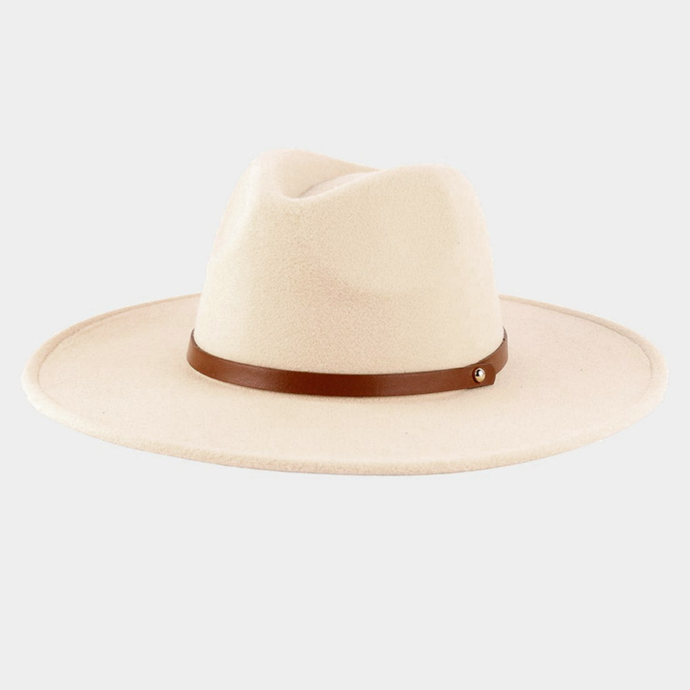 HATEGORY Faux Leather Band Trimmed Felt Panama Hat