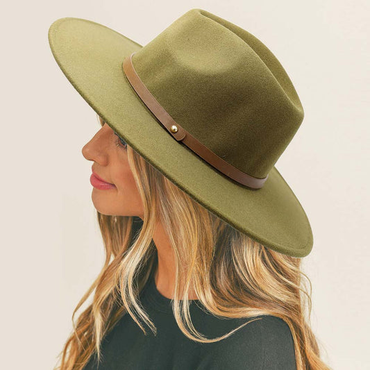 HATEGORY Faux Leather Band Trimmed Felt Panama Hat