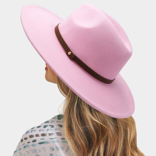 HATEGORY Faux Leather Band Trimmed Felt Panama Hat