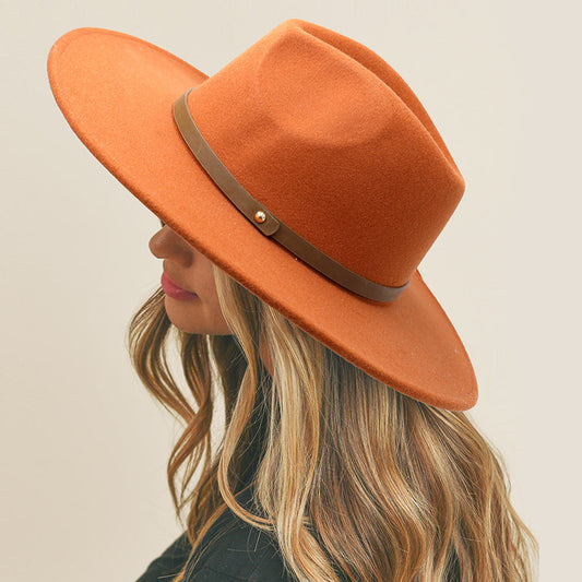 HATEGORY Faux Leather Band Trimmed Felt Panama Hat