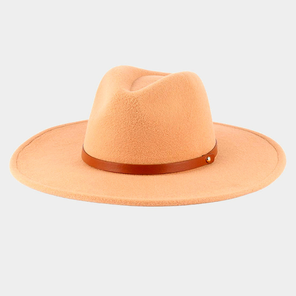 HATEGORY Faux Leather Band Trimmed Felt Panama Hat