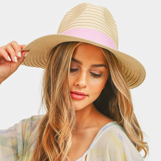 HATEGORY Striped Band Fold Straw Sun Hat