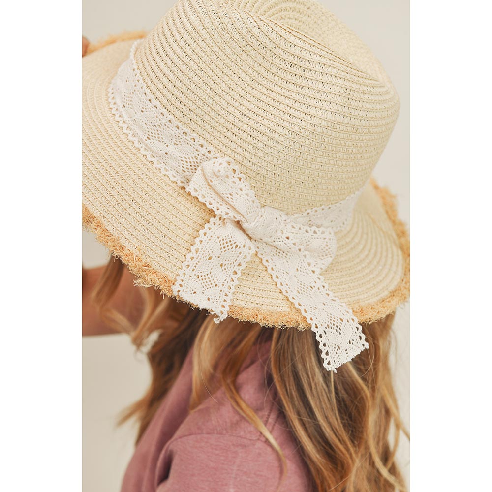 HATEGORY Frayed Trim Lace Bow Straw Hat