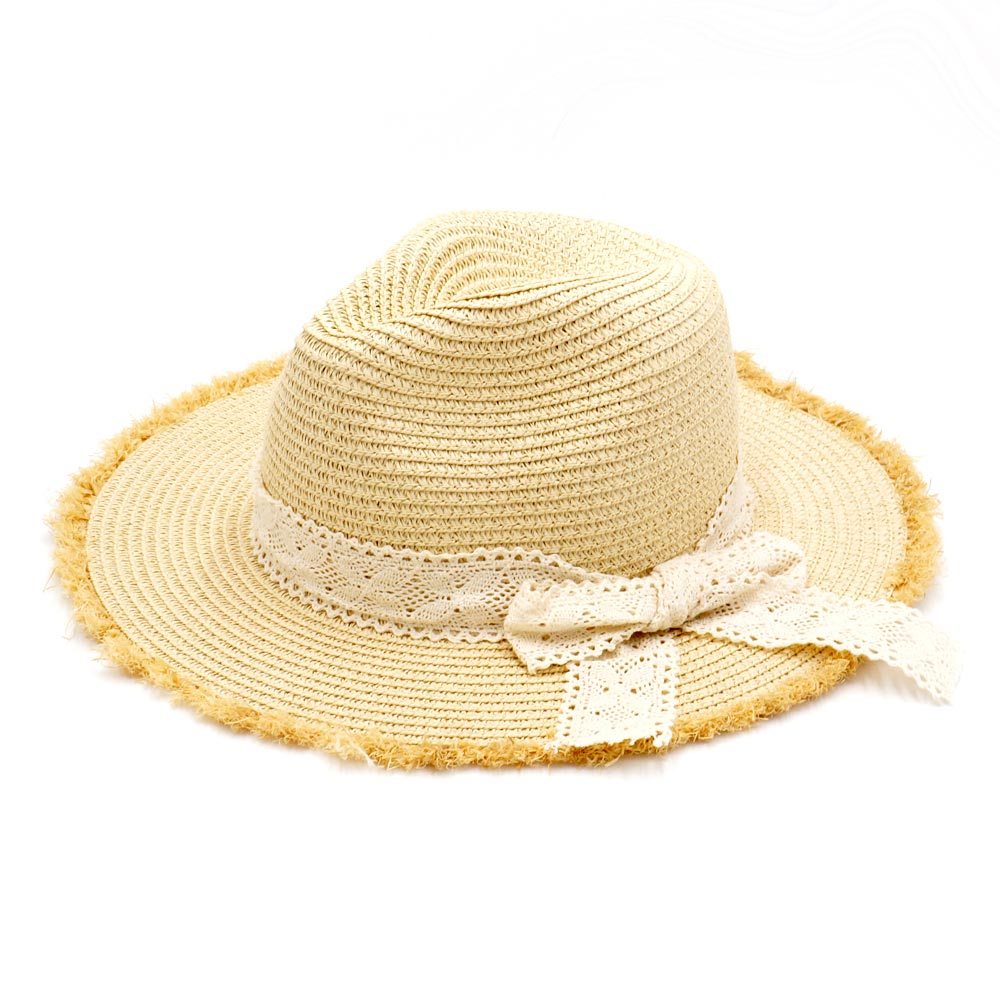 HATEGORY Frayed Trim Lace Bow Straw Hat