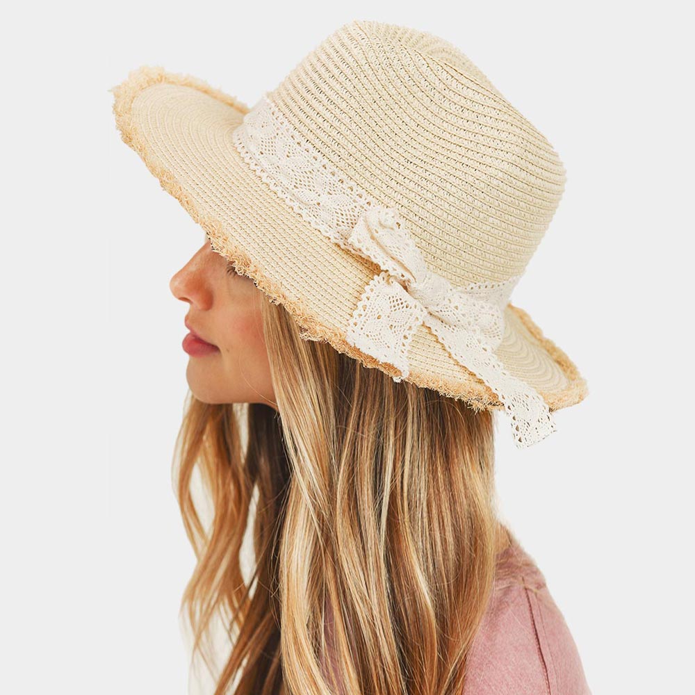 HATEGORY Frayed Trim Lace Bow Straw Hat