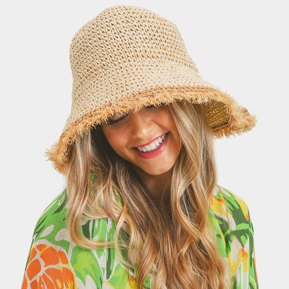 HATEGORY Handmade Frayed Crochet Foldable Straw Bucket Hat