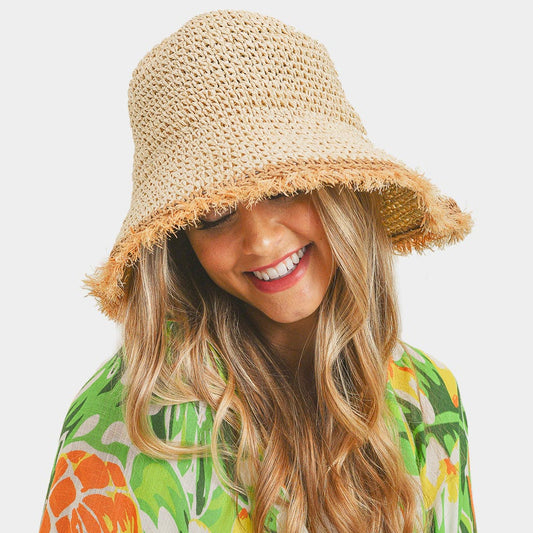 HATEGORY Handmade Frayed Crochet Foldable Straw Bucket Hat
