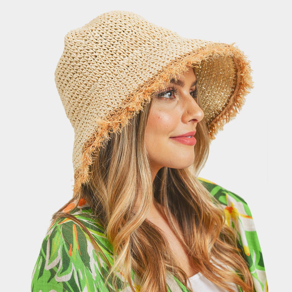 HATEGORY Handmade Frayed Crochet Foldable Straw Bucket Hat
