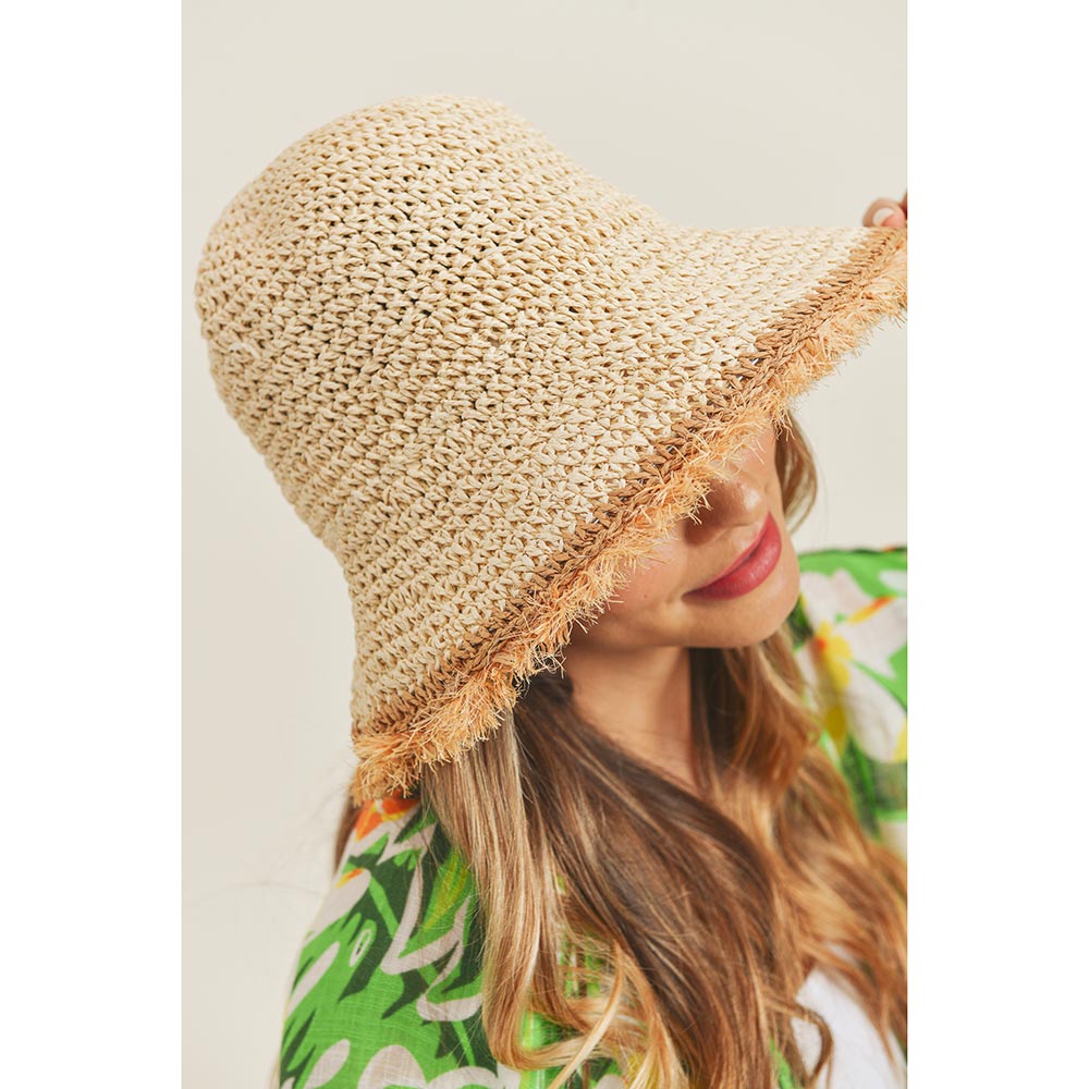 HATEGORY Handmade Frayed Crochet Foldable Straw Bucket Hat