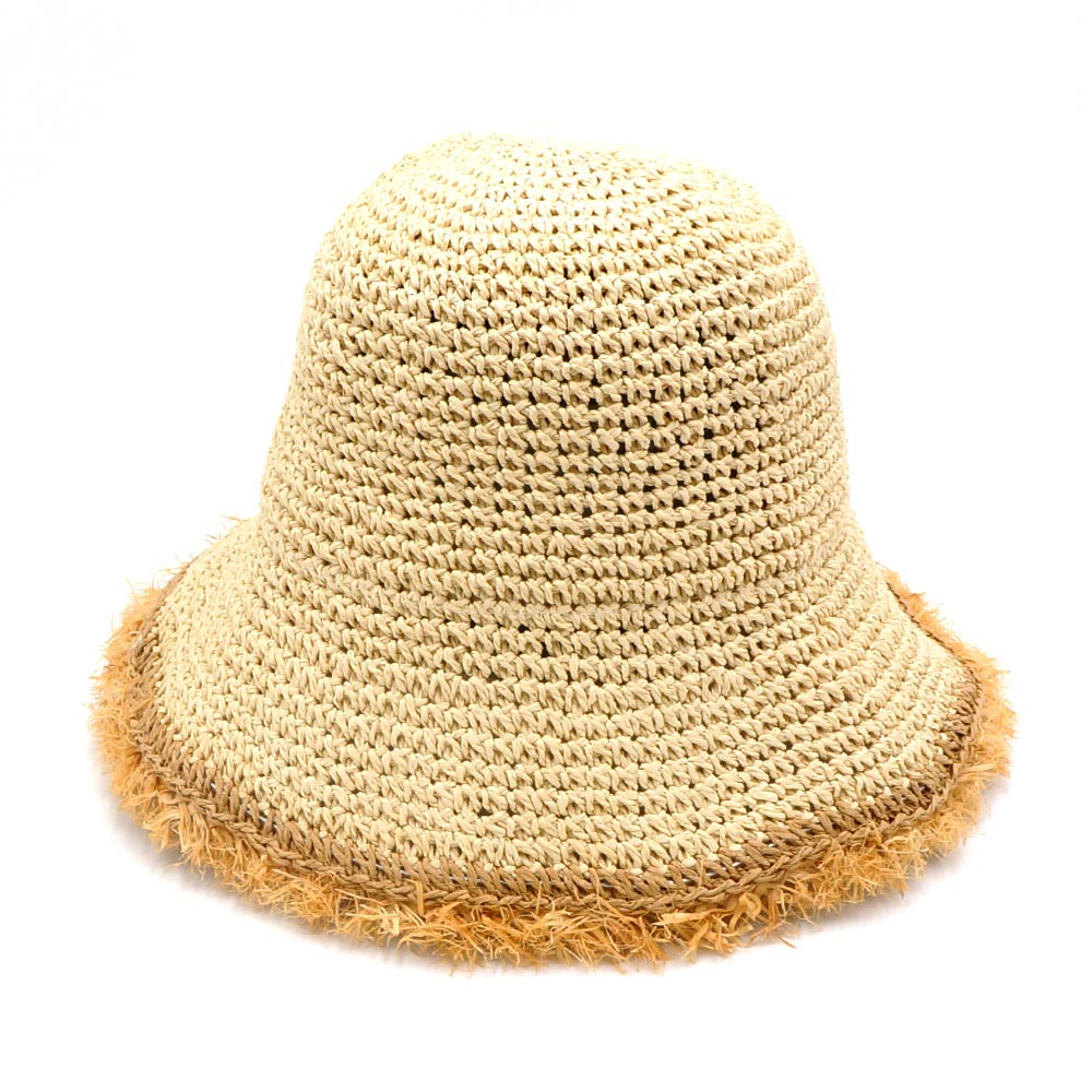 HATEGORY Handmade Frayed Crochet Foldable Straw Bucket Hat