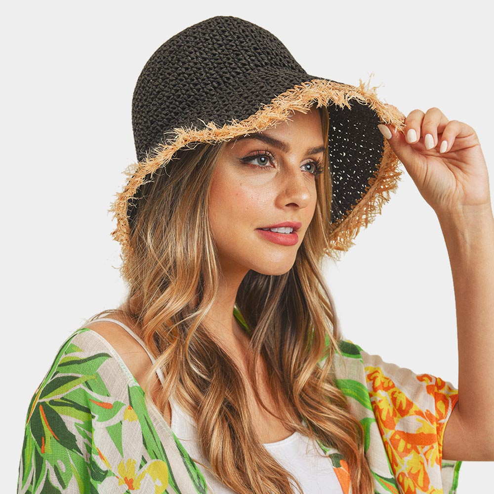 HATEGORY Handmade Frayed Crochet Foldable Straw Bucket Hat