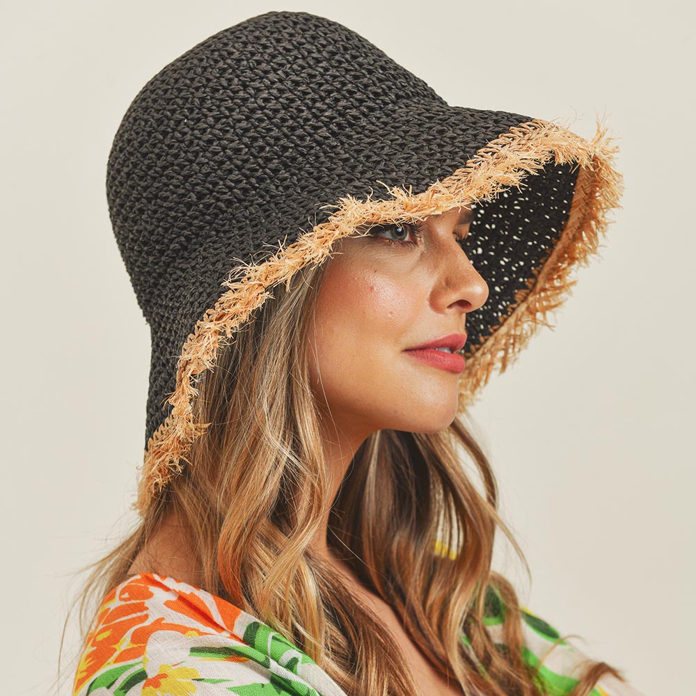HATEGORY Handmade Frayed Crochet Foldable Straw Bucket Hat