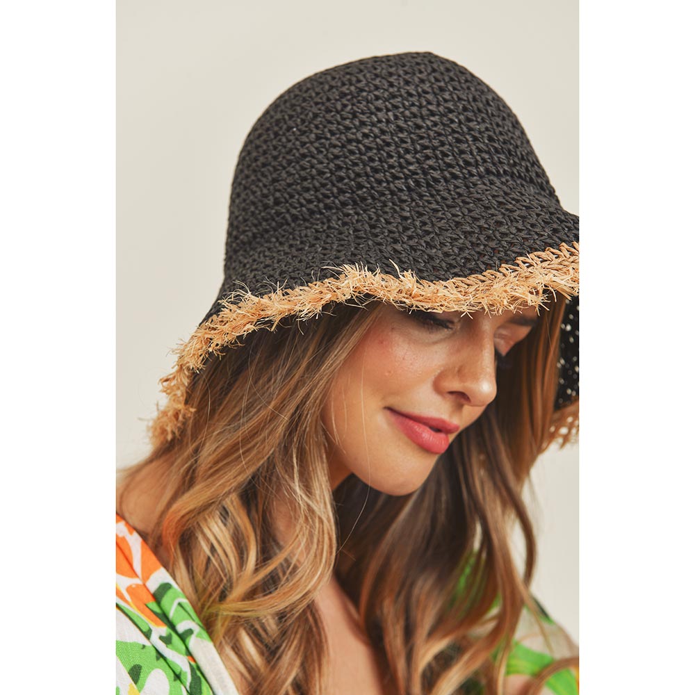 HATEGORY Handmade Frayed Crochet Foldable Straw Bucket Hat