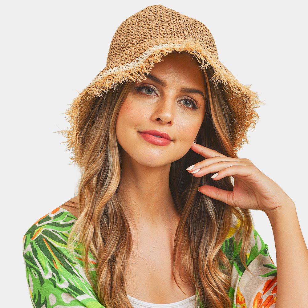 HATEGORY Handmade Frayed Crochet Foldable Straw Bucket Hat