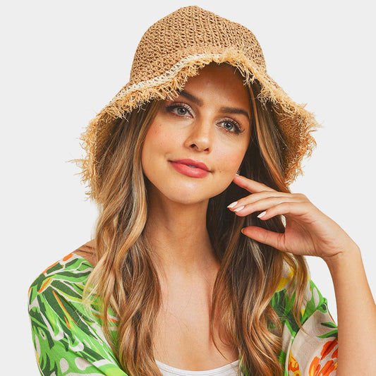 HATEGORY Handmade Frayed Crochet Foldable Straw Bucket Hat