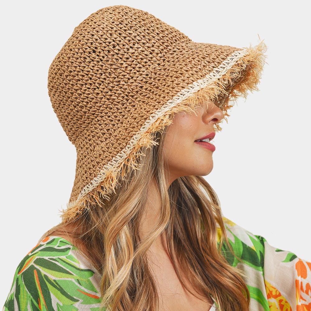 HATEGORY Handmade Frayed Crochet Foldable Straw Bucket Hat