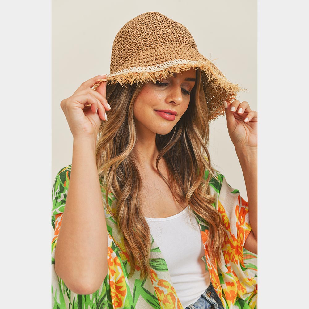 HATEGORY Handmade Frayed Crochet Foldable Straw Bucket Hat