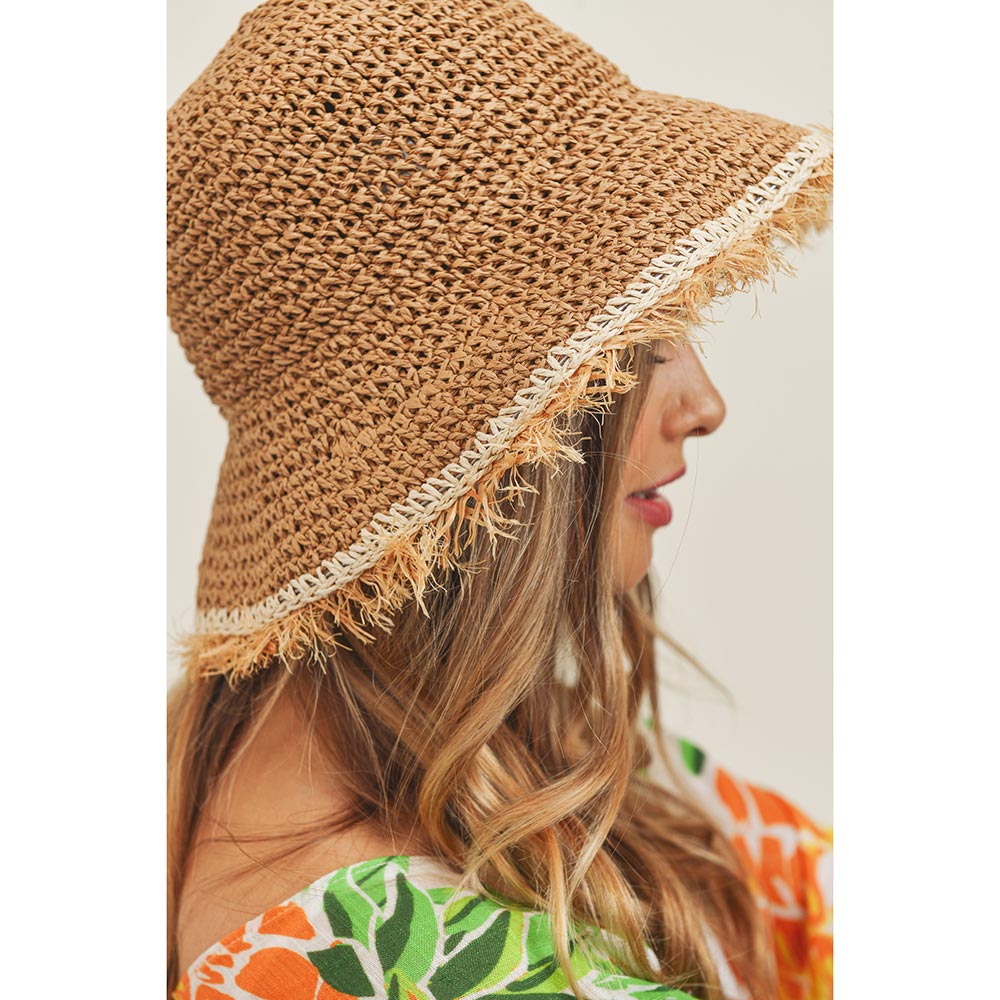 HATEGORY Handmade Frayed Crochet Foldable Straw Bucket Hat