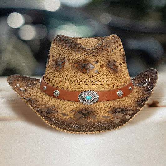 HATEGORY Vintage Natural Stone Accented Faux Leather Band Open Weave Gradation Panama Cowboy Straw Hat