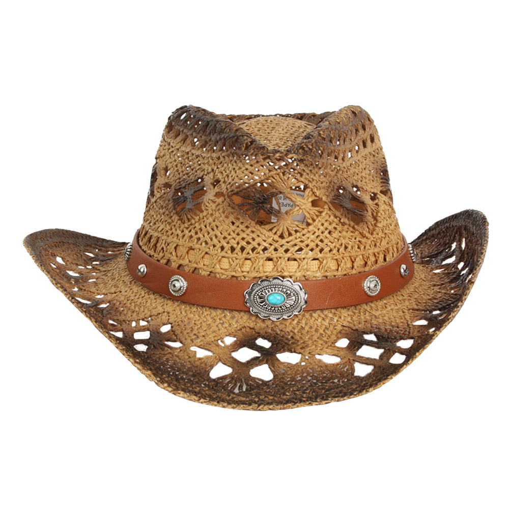 HATEGORY Vintage Natural Stone Accented Faux Leather Band Open Weave Gradation Panama Cowboy Straw Hat