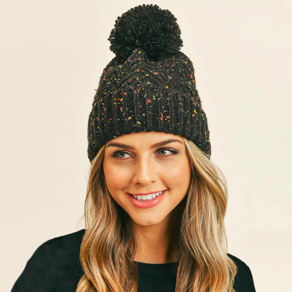 HATEGORY Confetti Diagonal Stripes Pompom Knit Beanie