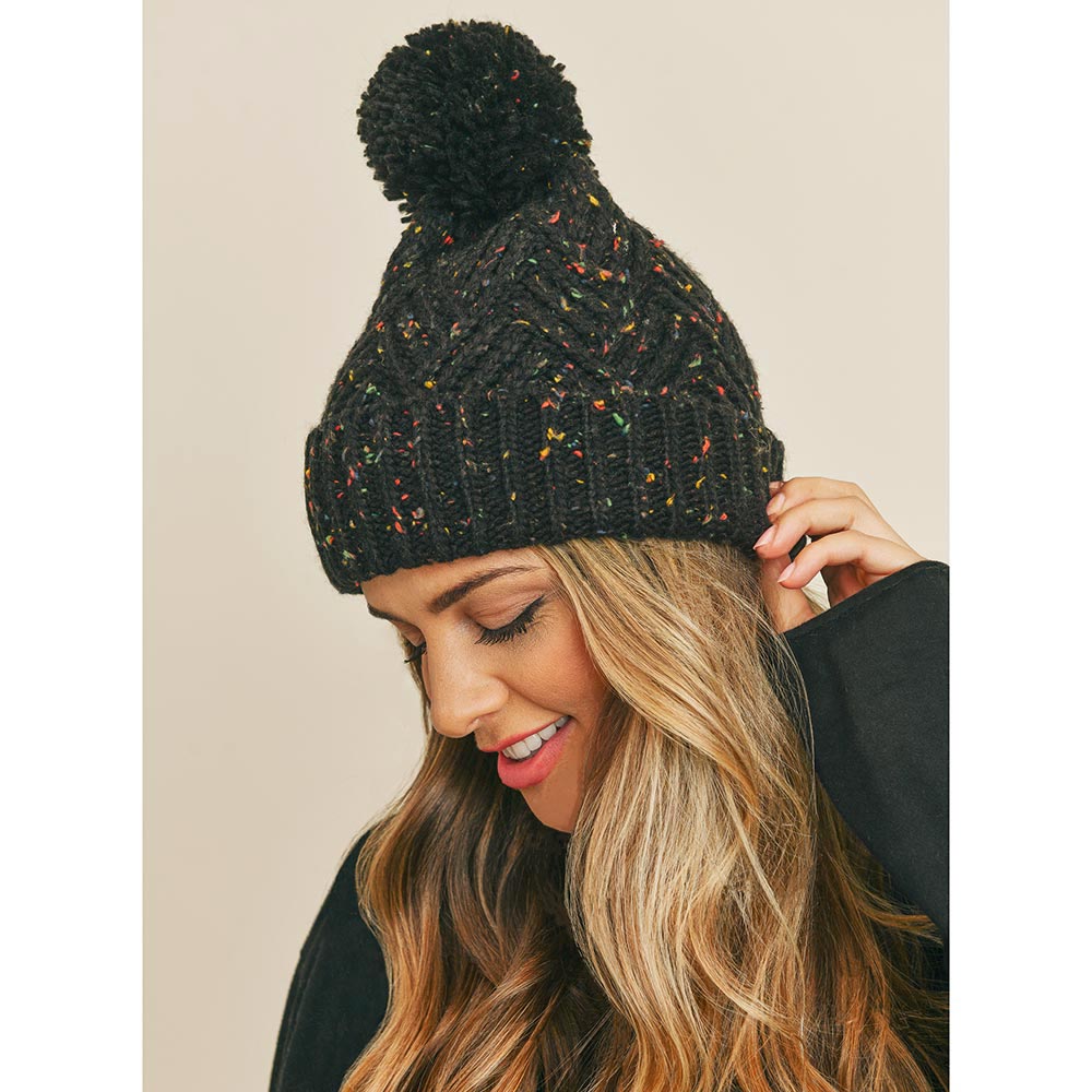 HATEGORY Confetti Diagonal Stripes Pompom Knit Beanie