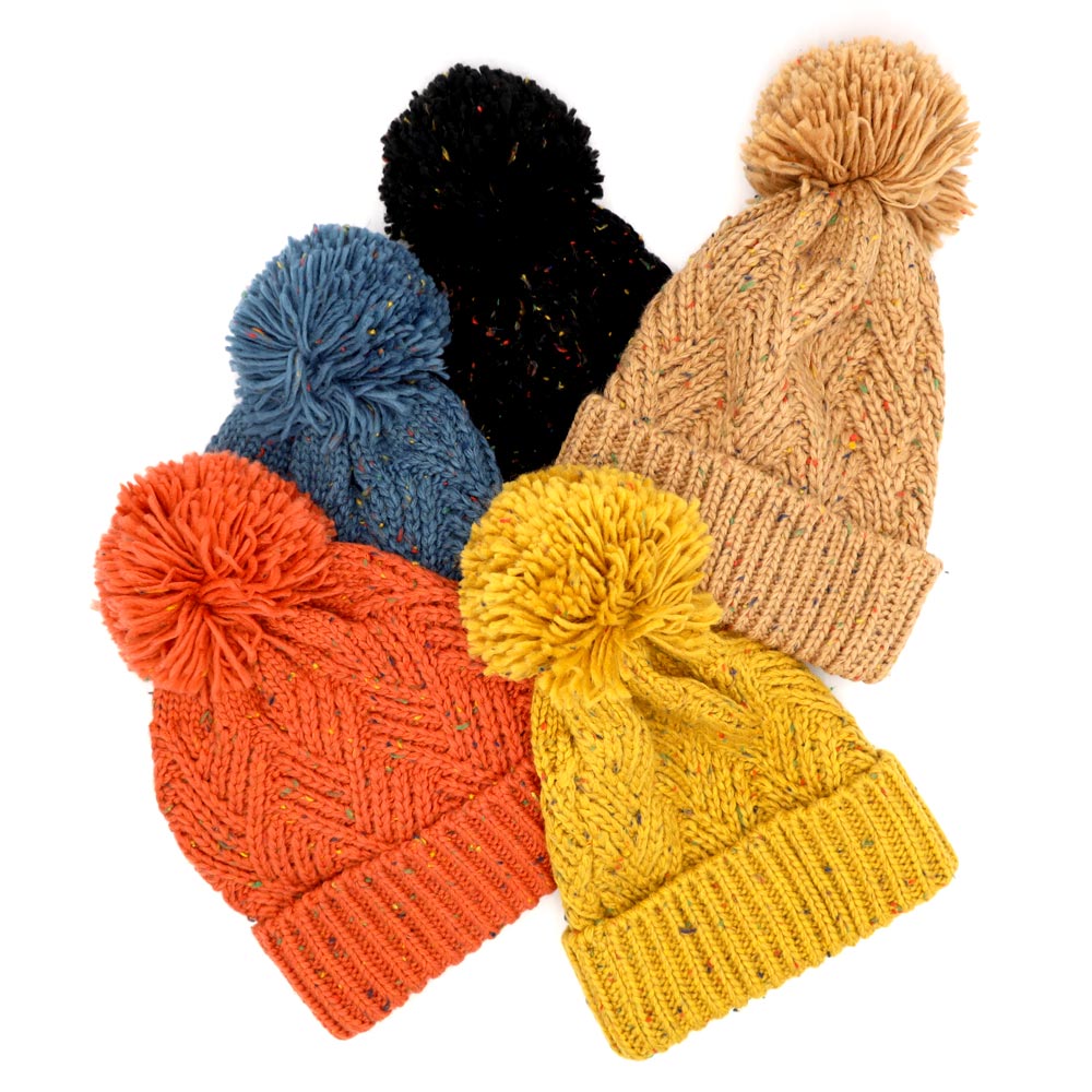 HATEGORY Confetti Diagonal Stripes Pompom Knit Beanie